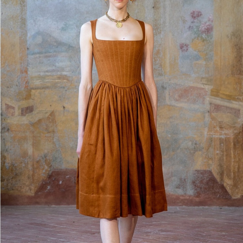 NWT Lena Hoschek Tessa Linen Corset Dress Brown S